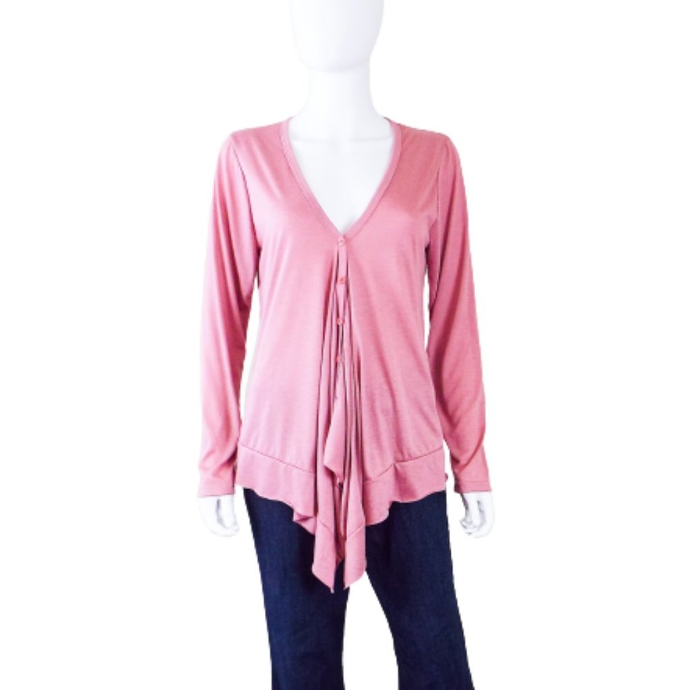DOUBLJU LIGHT WEIGHT PINK BUTTON DOWN DRAPE FRONT CARDIGAN - MEDIUM
